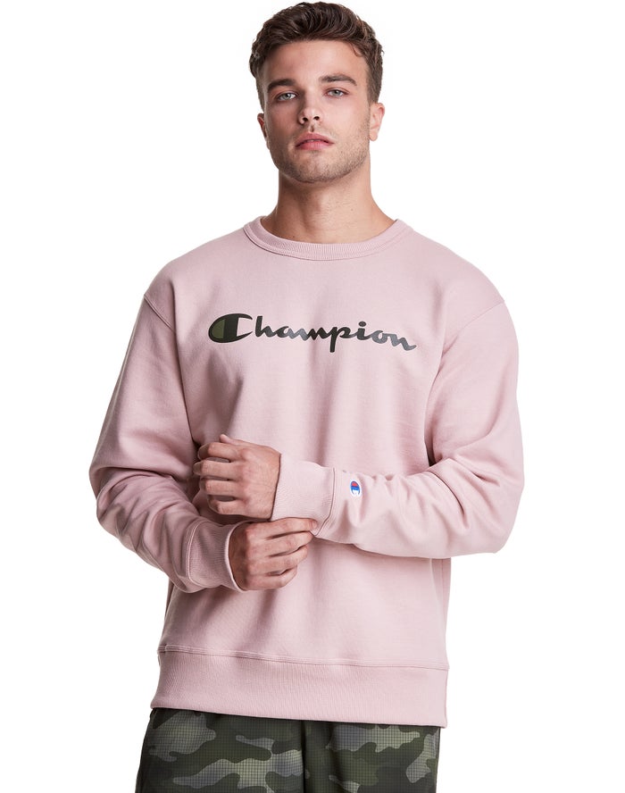 Champion Mens Sweatshirt NZ - Powerblend Fleece Crew Script Logo Pink ( 1795-JPNRS )